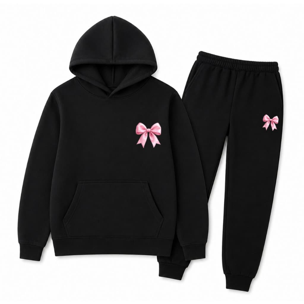 Conjunto Moletom Infantil Calça e Blusa Canguru com Capuz Menina Laços Pink