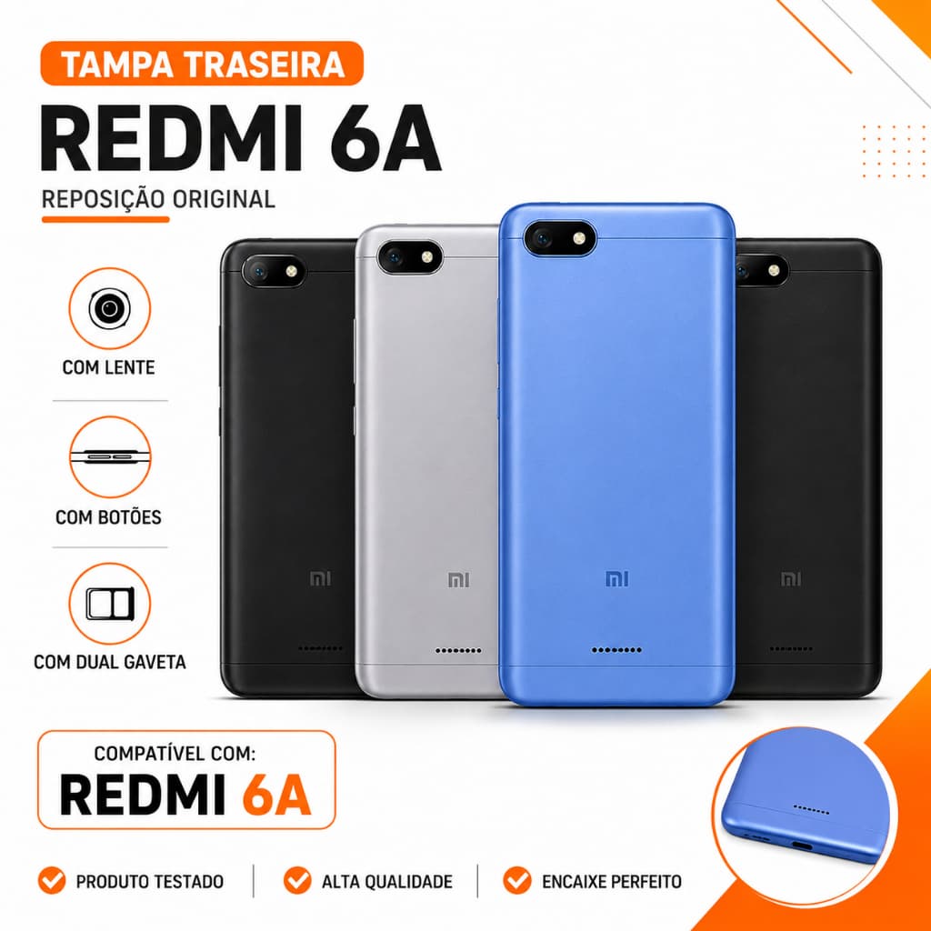 Capa Traseira Redmi 6A Tampa de Trás Original C/ Botões  e Vidro Câmera Lente Dual Gaveta Carcaça