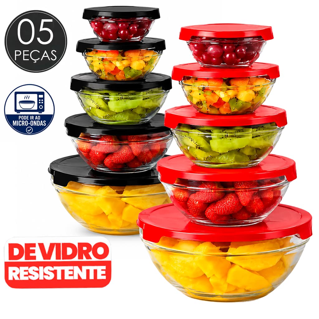 Conjunto Tigela Bowl 5 Peças Vasilhas Vidro Marmita Fitnnes Tampa Pote Hermético Mantimento