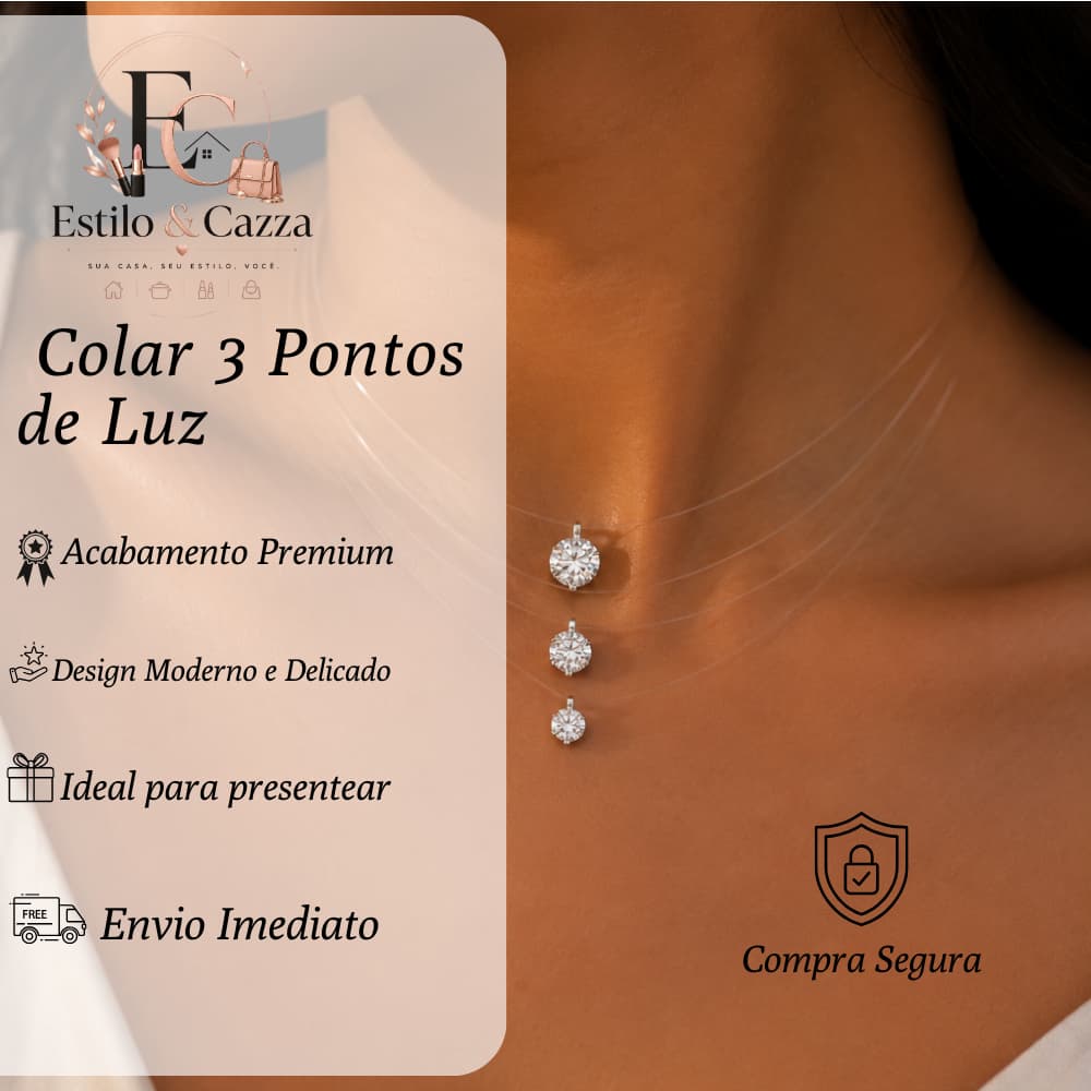 Colar Ponto de Luz Triplo Fio de Nylon Transparente Zircônia Flutuante