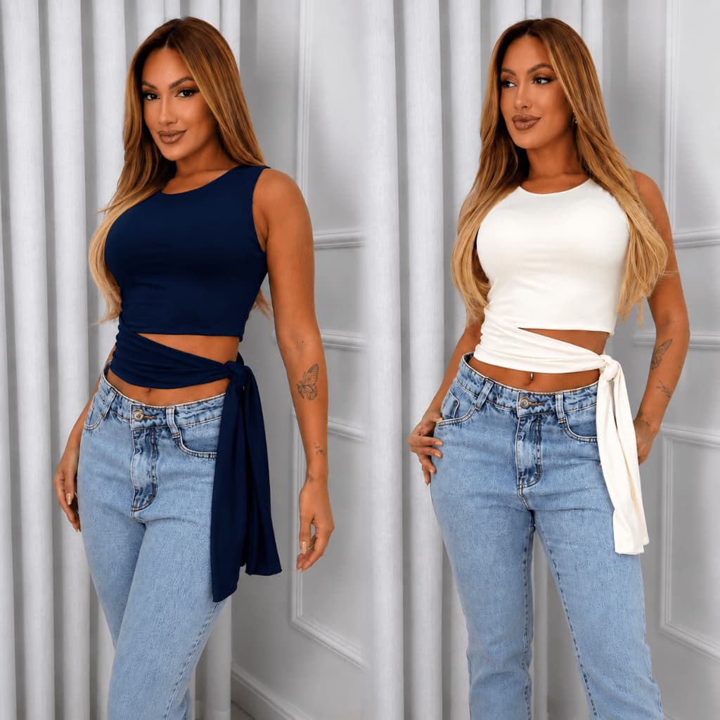 Kit 2 Blusa Cropped Feminino Suplex Forro Duplo Laço Lateral Com Amarração Moda Gringa Estilosa Lançamento