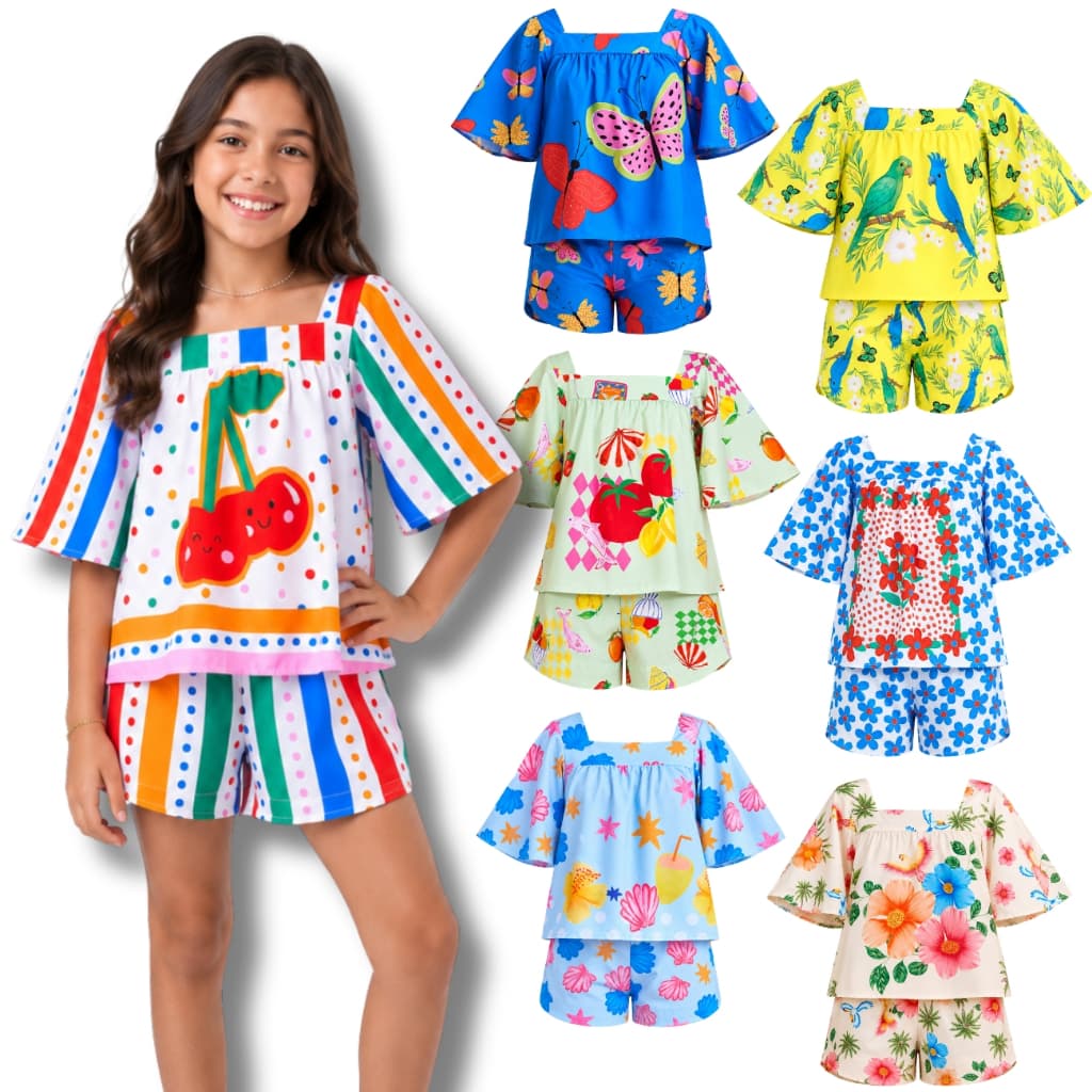 Roupa Infantil Menina – Kit 2 Pçs: Short + Blusa Estampas Exclusivas
