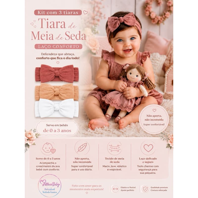Faixa de Cabelo Bebê Menina Kit com 3 Laços Delicado Turbantes Macio Ajustáveis