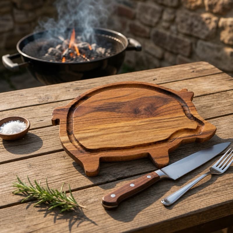 Tábua de Churrasco Porco em Madeira Teca Maciça