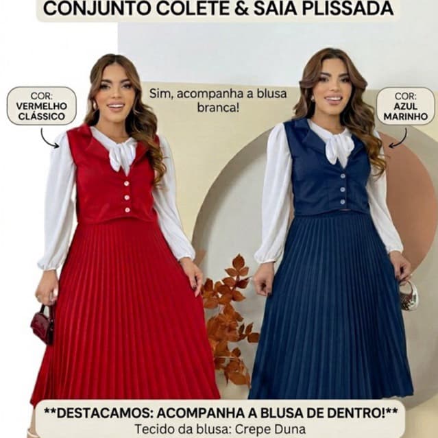 Conjunto Feminino Alfaiataria Saia Plissada Midi + Blusa Crepe Duna Social Evangélico Elegante