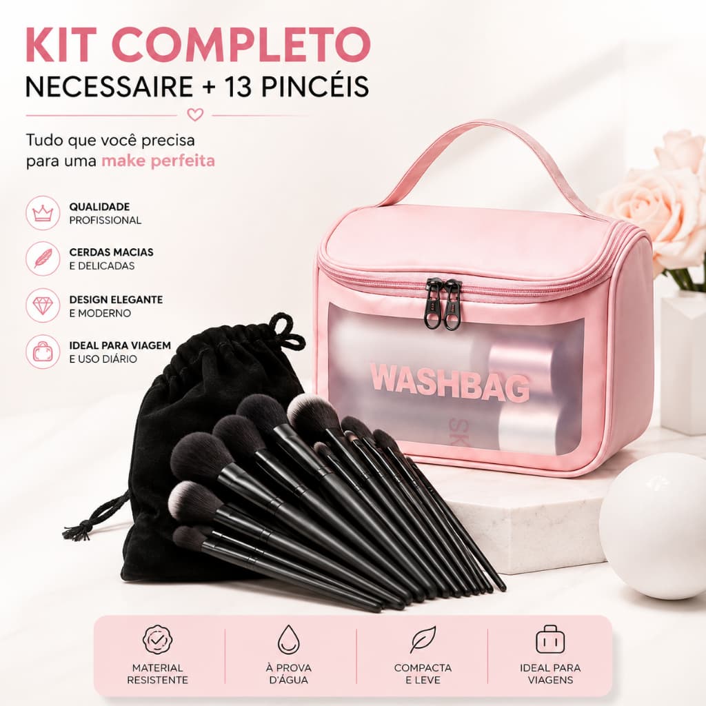 Kit 13 pinceis + Necessaire Bolsa Viagem Impermeável com Alça – Organizador de Maquiagem e Higiene