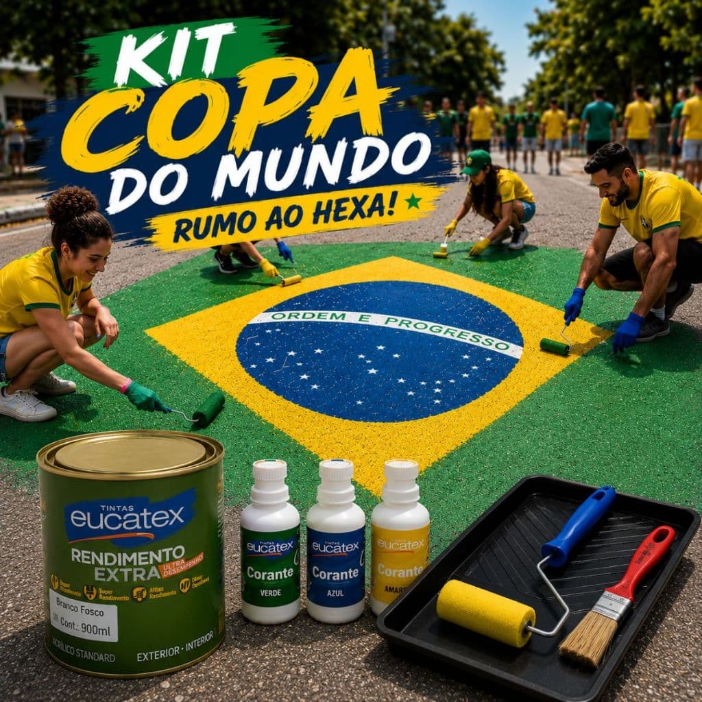 Kit Pintura Copa Do Mundo Brasil Verde Amarelo Azul Eucatex Rendimento Extra + Corante Líquido + Rolo + Bandeja