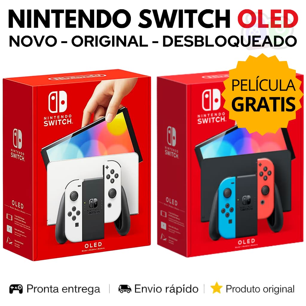 Nintendo Switch OLED Desbloqueado NOVO com Jogos + Película e NF