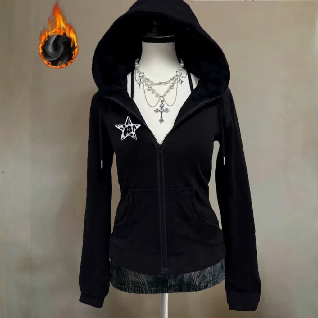 Blusa Moletom Com Zíper E Capuz Estrela Forrado Pelúcio Casaco De Frio Feminino
