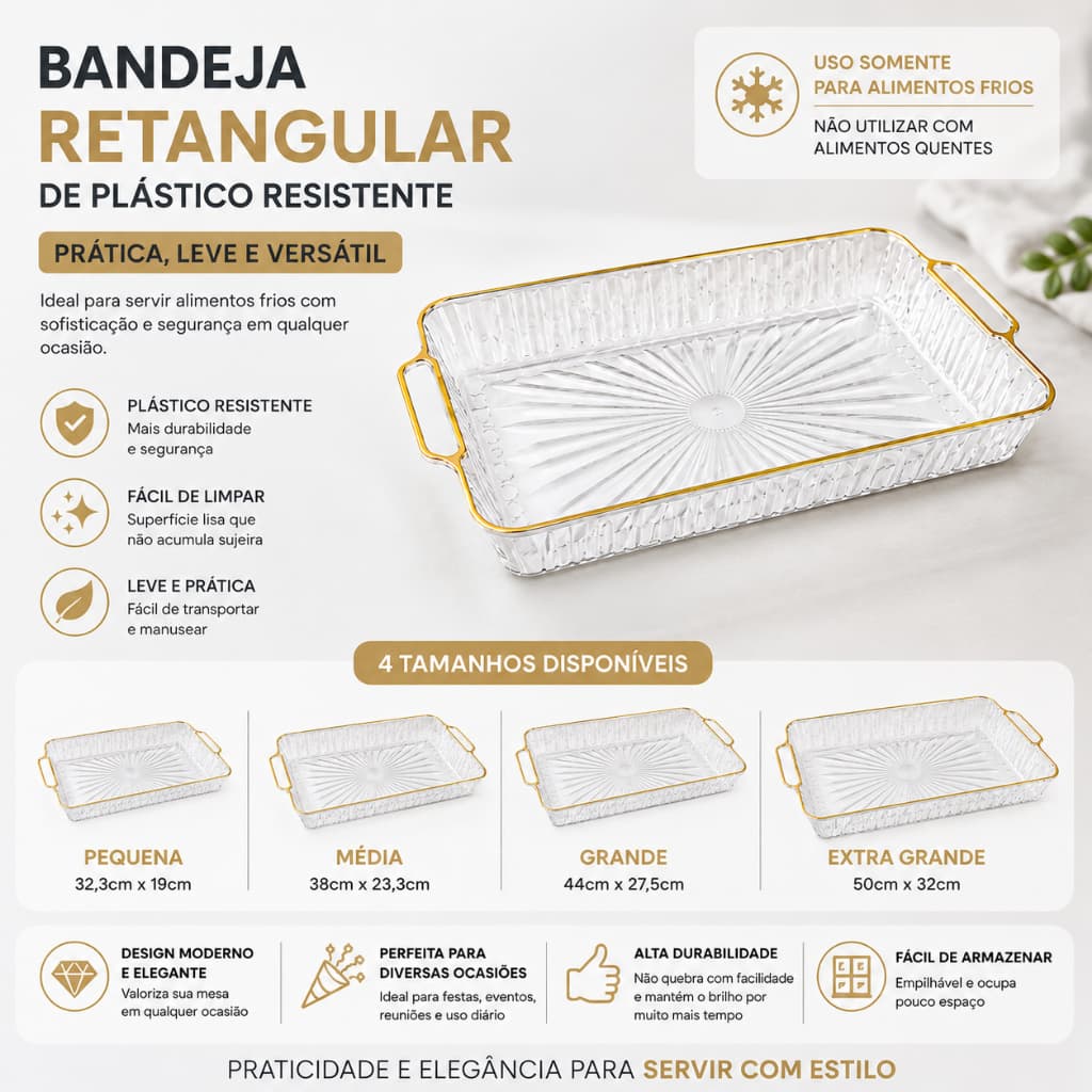 Bandeja de Plástico Resistente Tipo Cristal Transparente -  Com Borda Dourada Retangular - Premium
