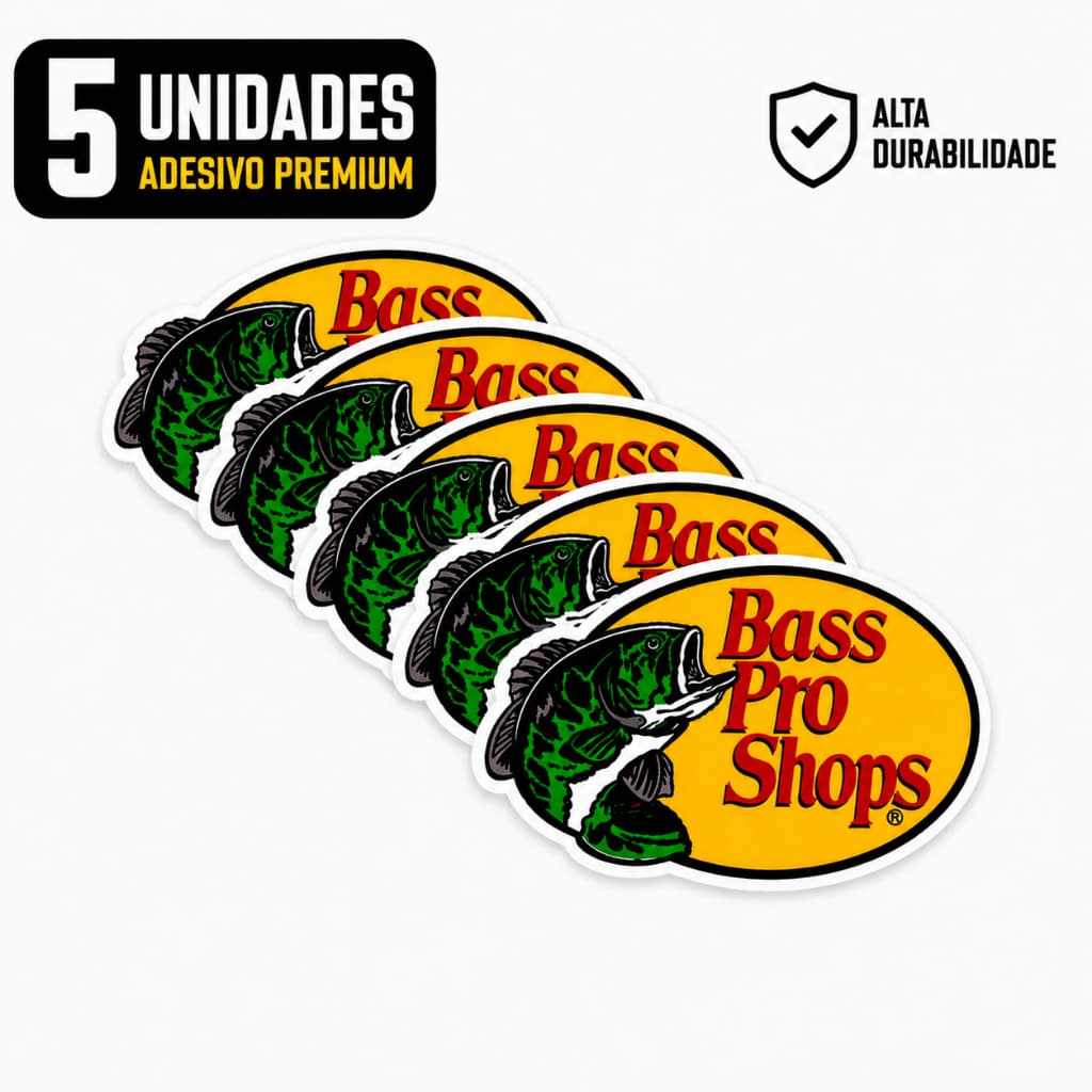 Kit 5 Adesivos Bass Pro Shops Premium Vinil Laminado Pesca Camping