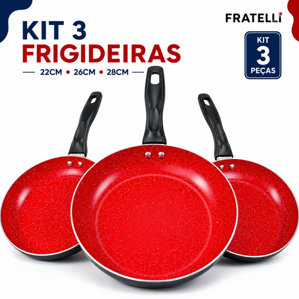 Kit 3 Frigideiras Antiaderentes Cerâmica Vermelha Fratelli - 22cm / 26cm / 28cm