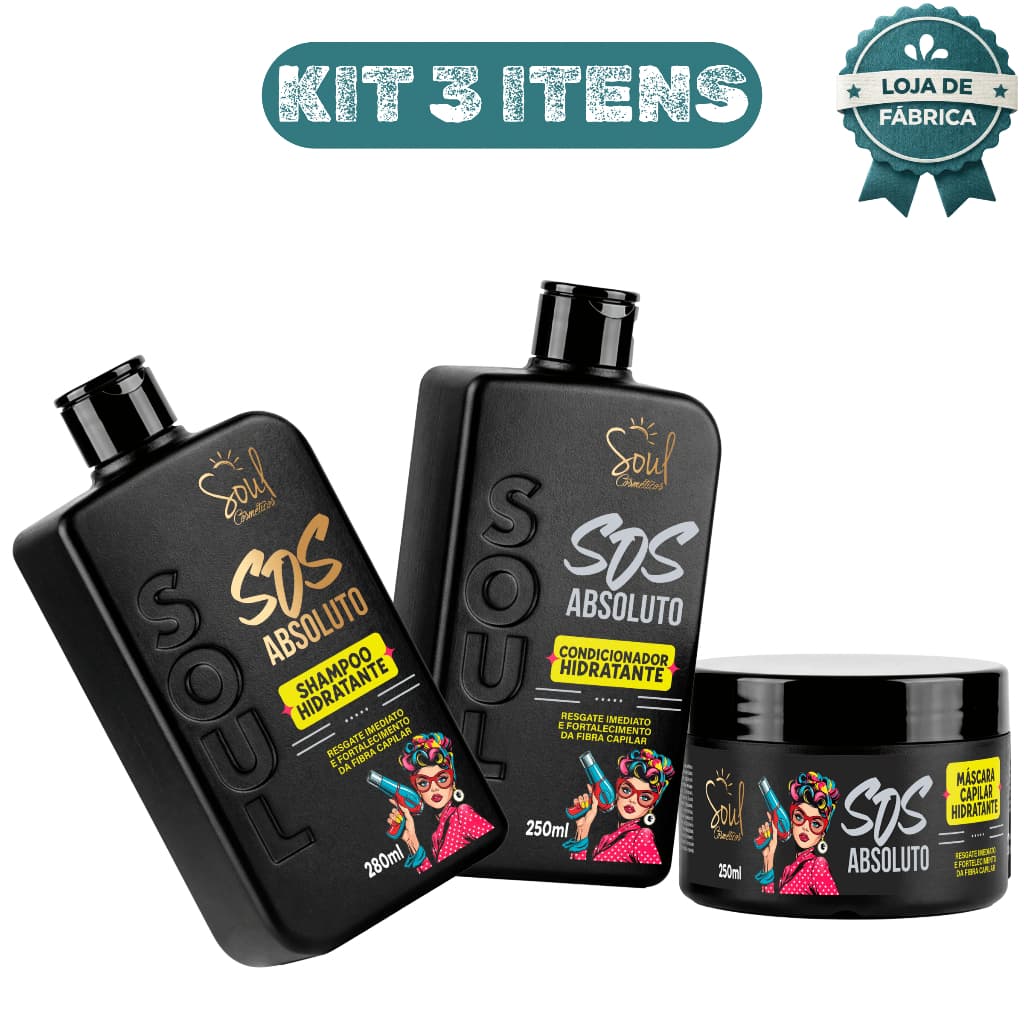 Kit Capilar SOS Absoluto 3 itens Cabelo Forte Hidratado Brilho Fortalecimento Soul Cosm茅ticos