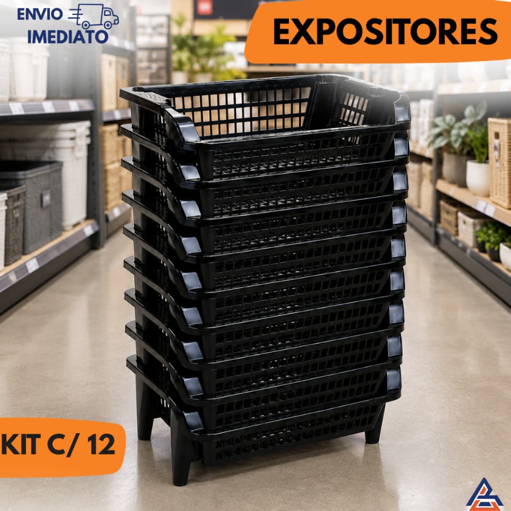 Kit 12 Cestos Expositores 44cm Empilháveis para Gondola Encaixáveis