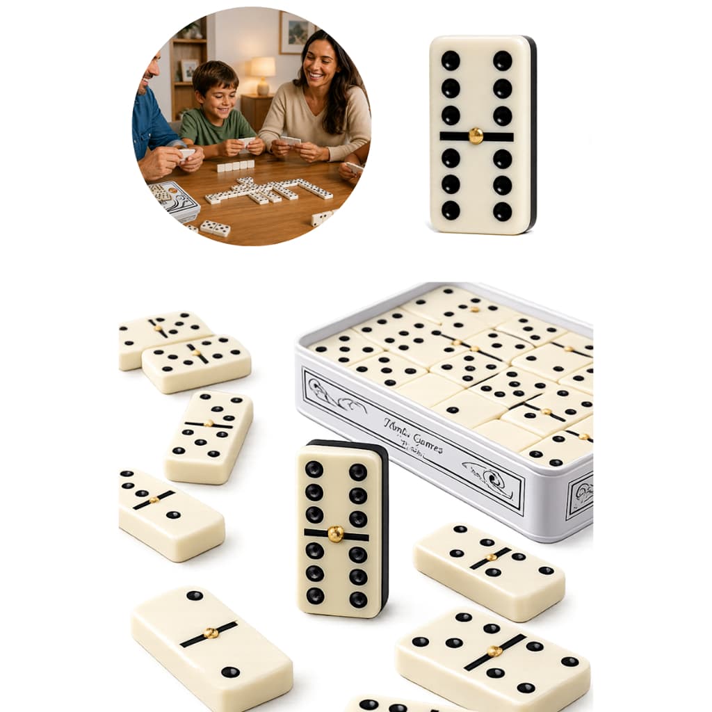 Jogo de Domino Profissional Pedra tipo Osso branca/preta c/ pino central Estojo/Lata Luxo presente
