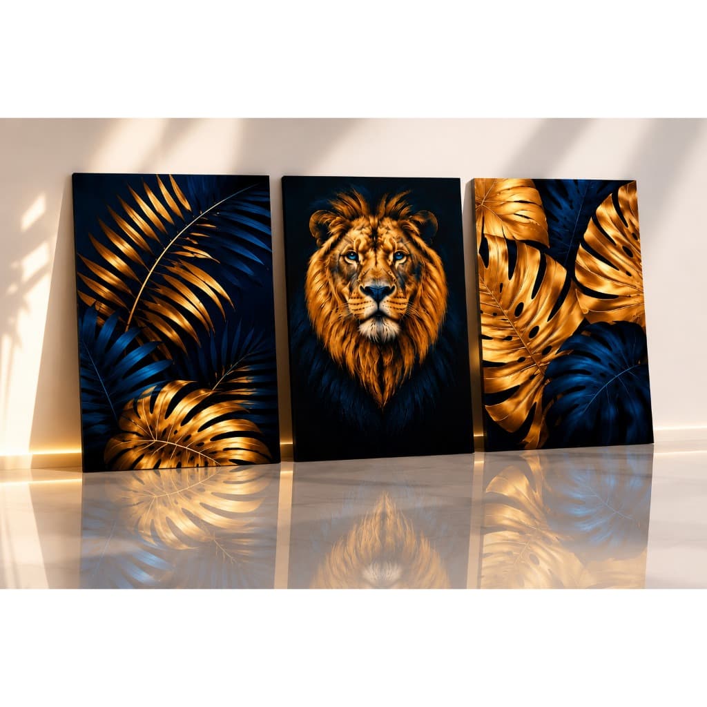 Kit 3 Quadros Decorativos Leão Folhagem Azul Dourado Luxo Sala Quarto Premium
