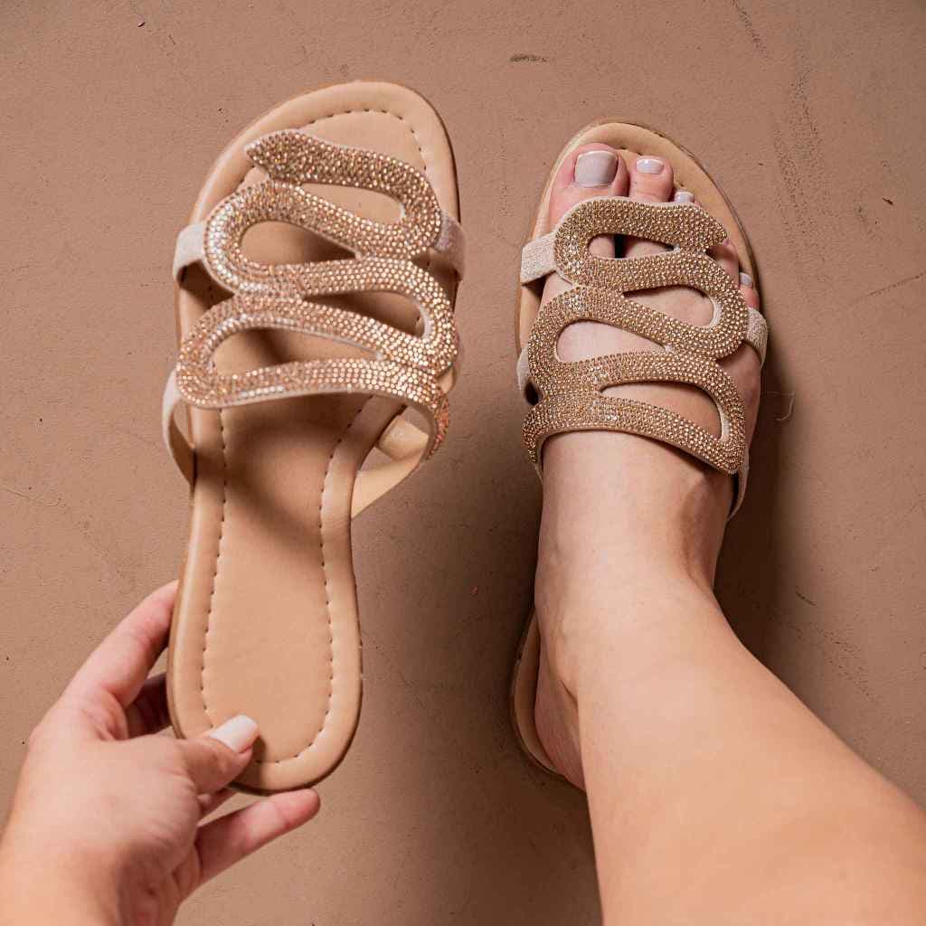Sandália Feminina Rasteirinha Rasteira Chinelo Brilhosa Strass Cobra Snake Confortável