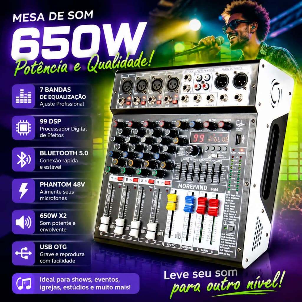 Mesa de Som Amplificada MOREFAND PM4 650W 4 Canais Bluetooth 5.0 99 Efeitos DSP Equalizador 7 Bandas Phantom 48V USB