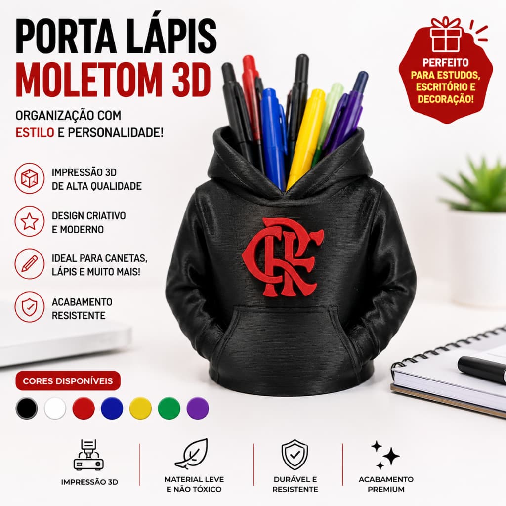Porta Lápis Moletom Personalizado 3D Organizador De Mesa Decorativo TIME OU LOGO