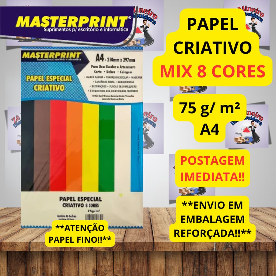 Papel Especial Criativo 8 Cores 75g A4 Masterprint Escolar Artesanato Folhas Coloridas Colorplus