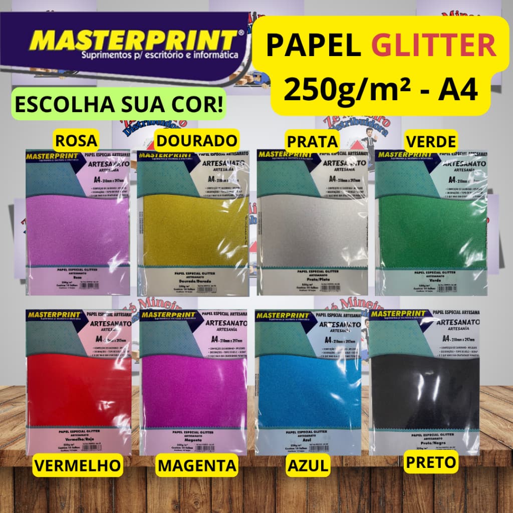 Papel Laminado Glitter Metalico 250g Masterprint Topo de Bolo Artesanato Lamicote 10 a 50 folhas