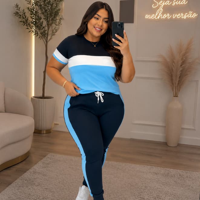 Conjunto Feminino Plus Size Calça e Blusa Manga Curta Faixa Lateral Casual