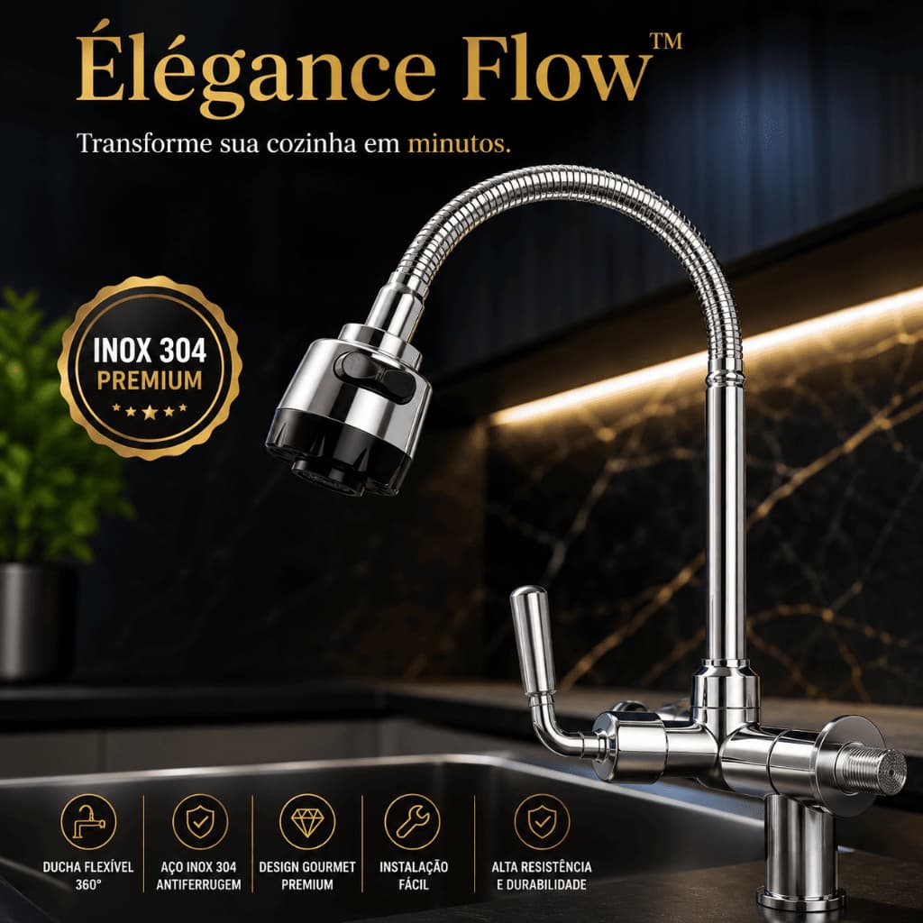 Torneira Gourmet Flexível Inox 304 de Parede com Ducha Móvel 360° Cozinha Moderna Premium