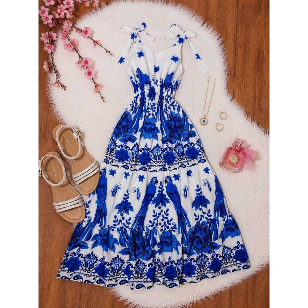 Vestido Estampado Infantil Juvenil Longo Feminino Elegante com Alça de Amarra