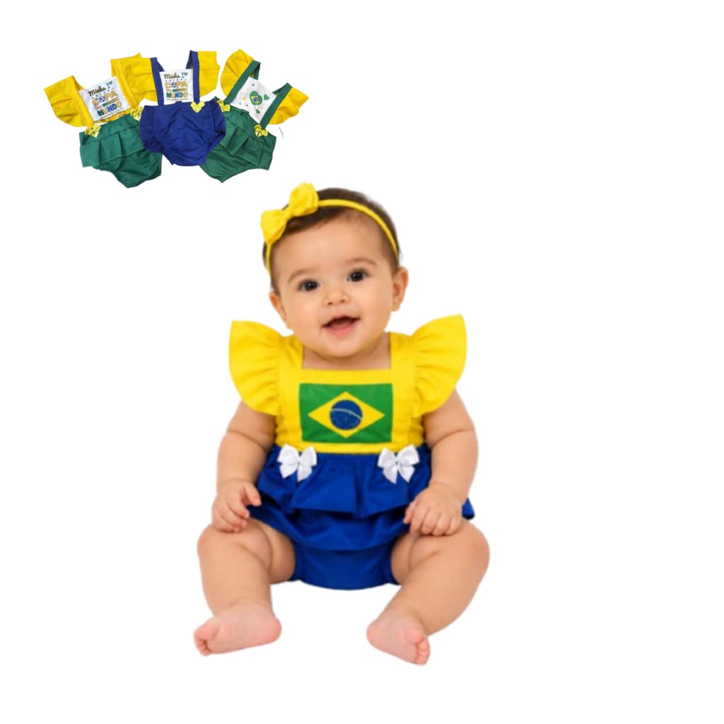 Romper Bebê Menina Brasil Copa do Mundo Verde e Amarelo Mesversário