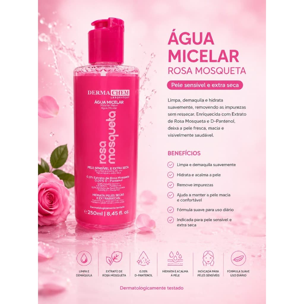 Água Micelar Rosa Mosqueta Dermachem 250ml - Limpador Facial