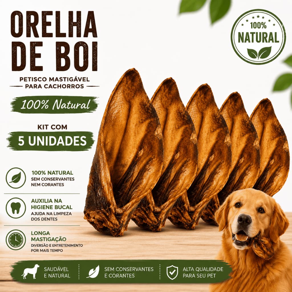 KIT 5 Orelha Bovina Desidratada Natural para Cachorros Petisco Mastigável