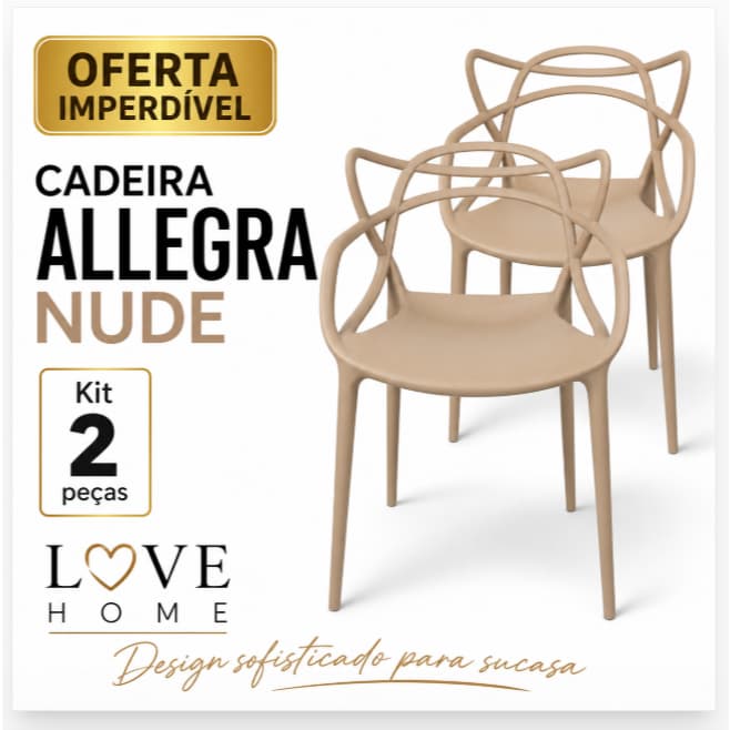 Kit 2 Cadeiras Allegra Preta ou Nude Premium Decorativa Sala de Jantar Cozinha