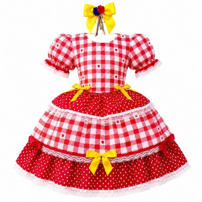 Vestido Junino Luxo Infantil Feminino Festa Junina Caipira  Xadrez Rosa Sao Joao Tam 2 ao 12