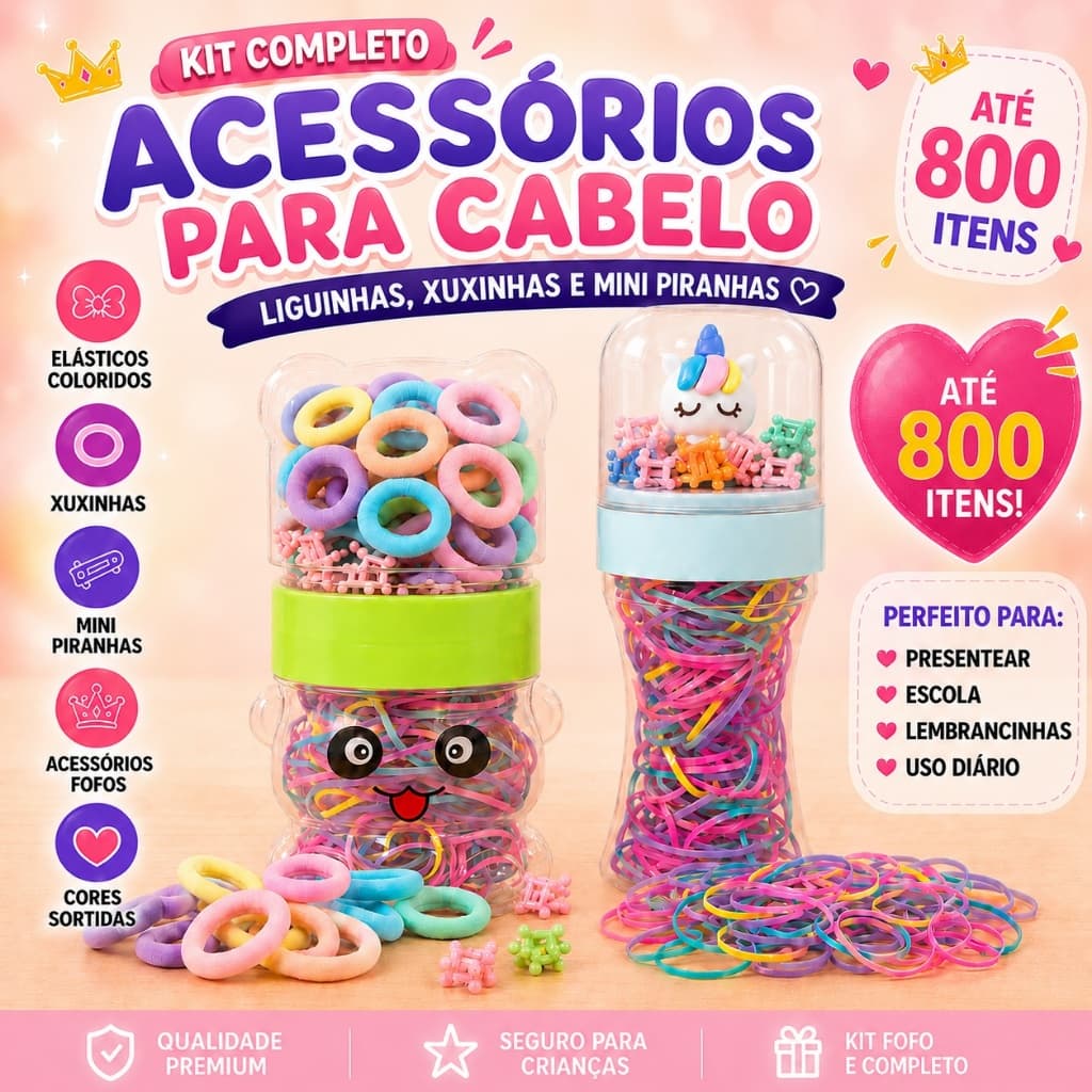 Kit Elástico Liguinha Cabelo Infantil Menina 800 Peças Xuxinha Rabicó Piranha Colorida Tubo Ursinho Unicórnio Of