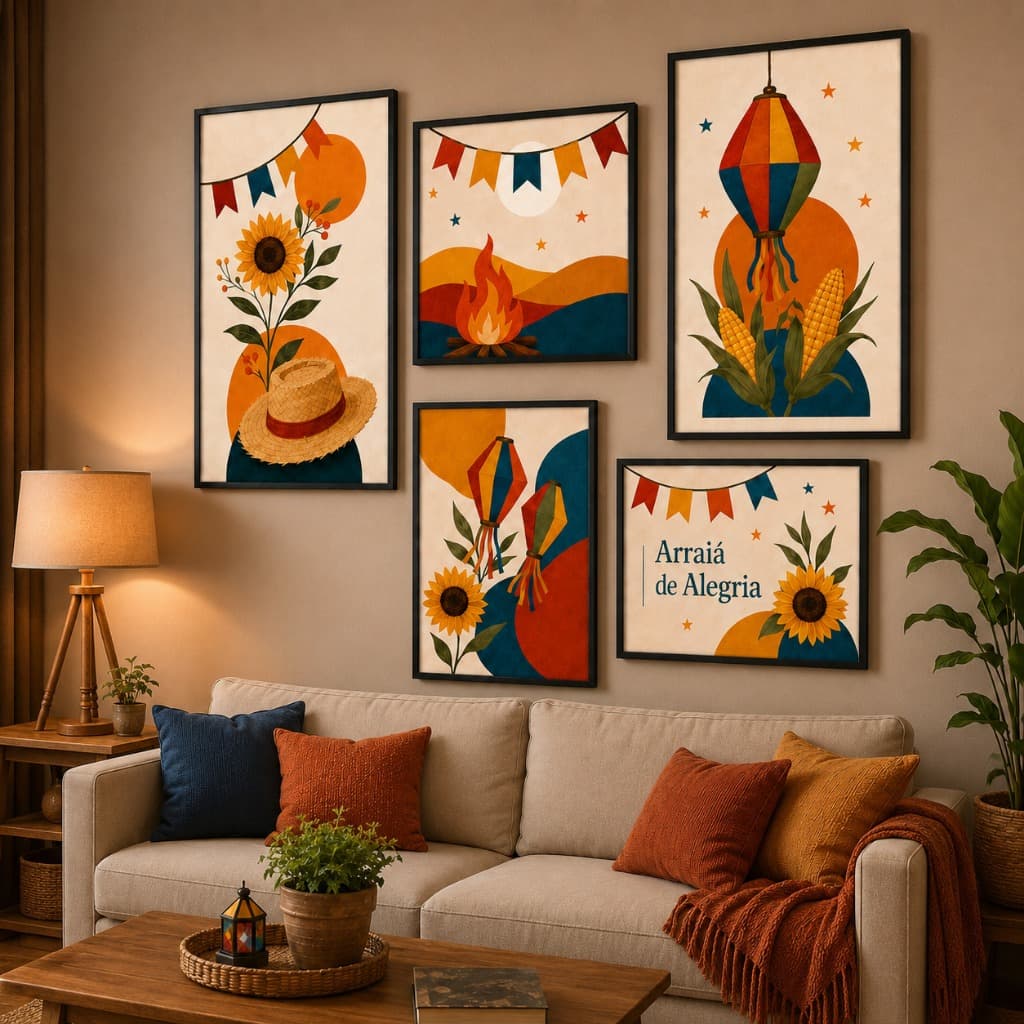 Kit 5 Quadros Festa Junina Moderna Arraiá De Alegria Decorativo MDF Sala Varanda Corredor Premium