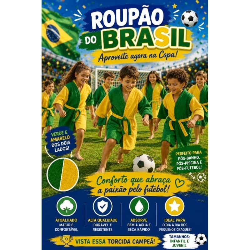 ROUPÃO DE BANHO DO BRASIL. ROUPÃO DA COPA. ROUPÃO INFANTIL/JUVENIL. ROUPÃO BRASILEIRO. PÓS FUTEBOL.