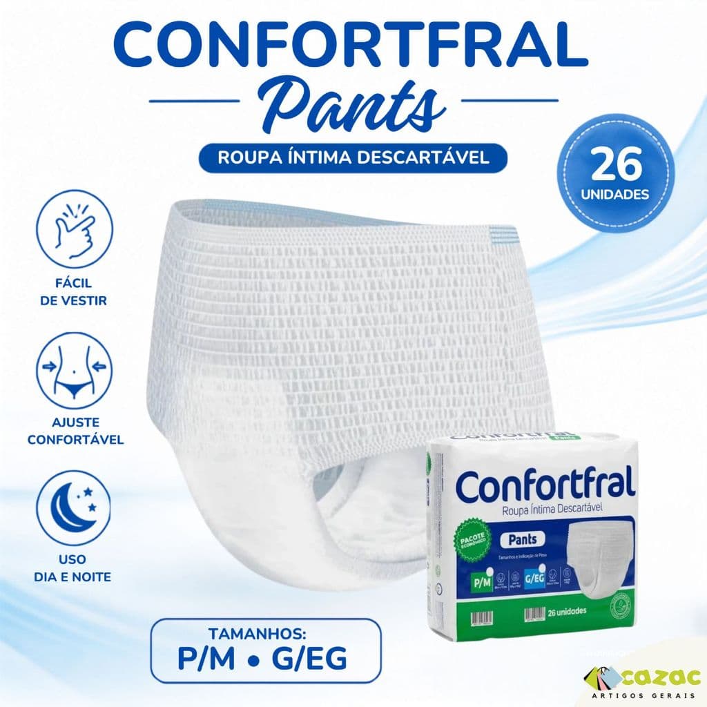 Fralda Calcinha Cueca Geriátrica Segunda Linha Confortfral Adulta Incontinência Pacote Econômico G/EG P/M 26 Un