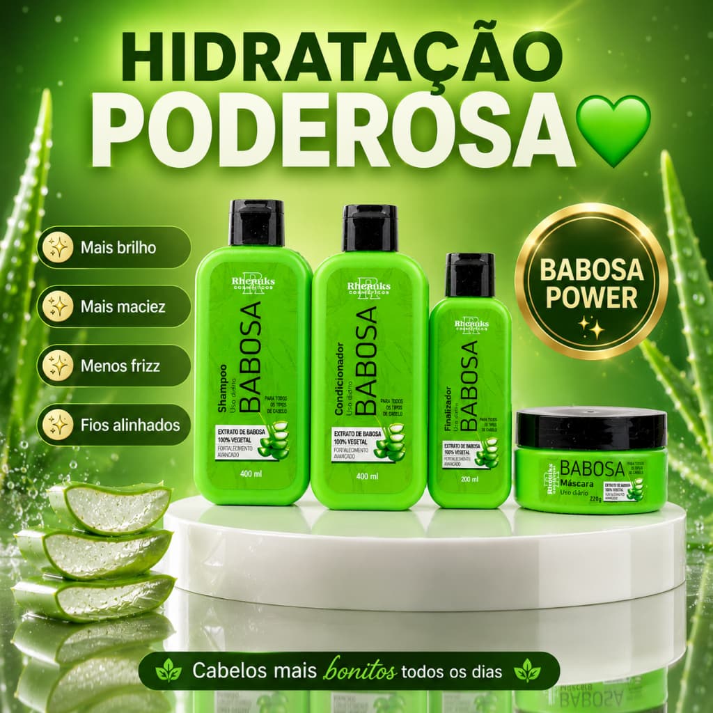 Kit 4 Itens Babosa Rhenunks – Força, Brilho e Hidratação Profunda para Todos os Tipos de Cabelo