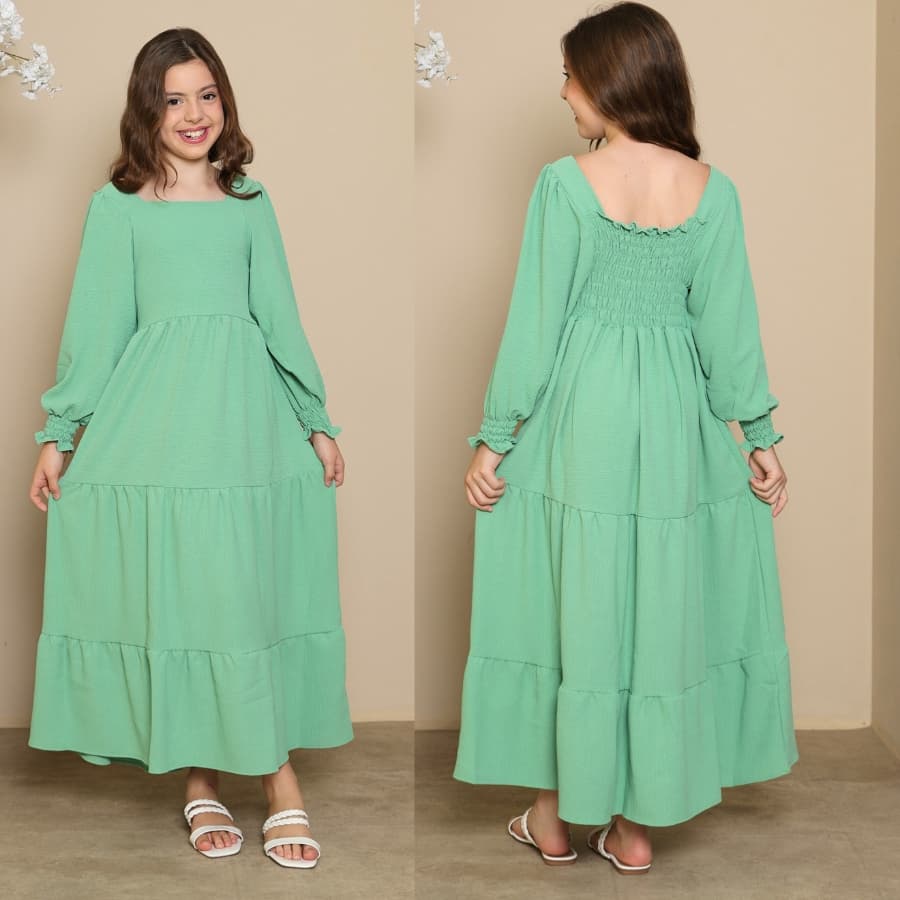 Vestido Longo Infantil e juvenil Manga Longa bufante 3 Marias Meninas tecido duna