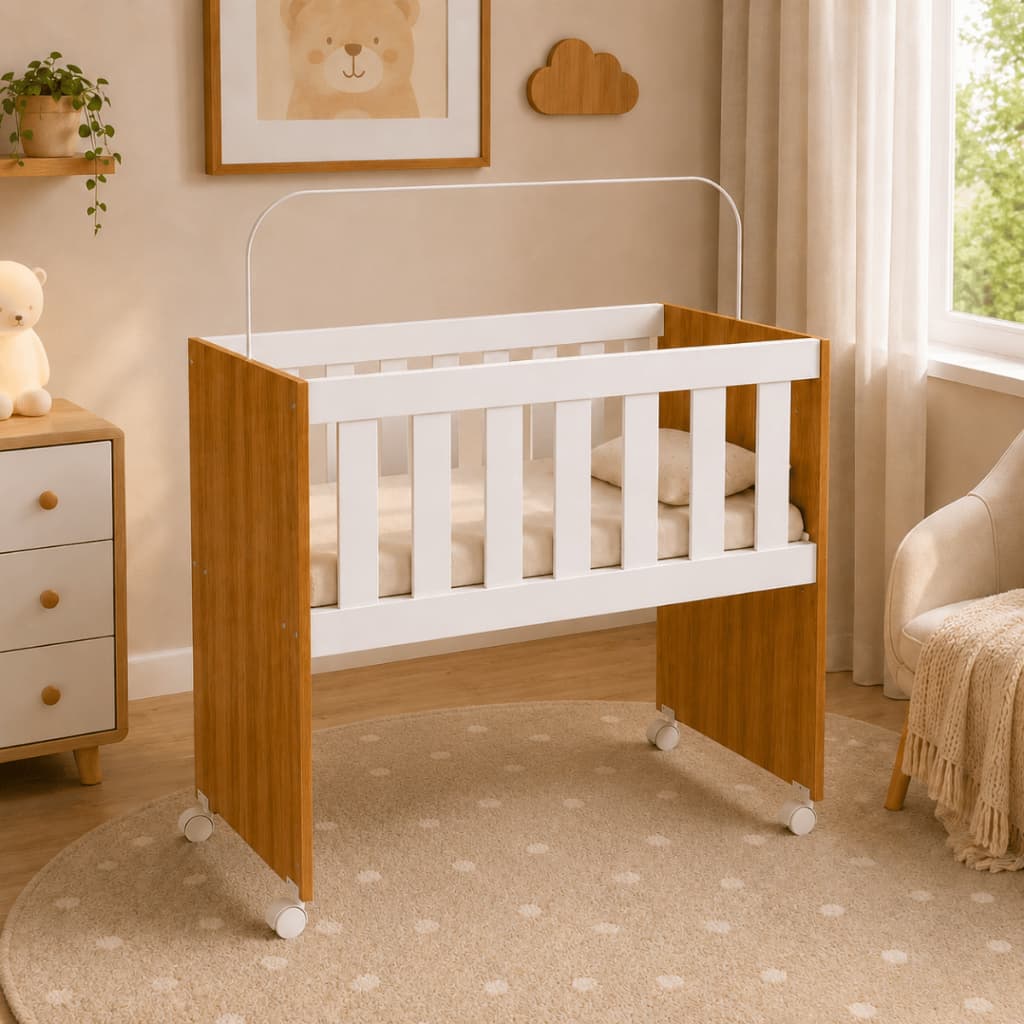 Mini Berço para Bebe com Colchão Incluso Rodízios e Suporte para Mosquiteiro 5 em 1 Moisés Grade