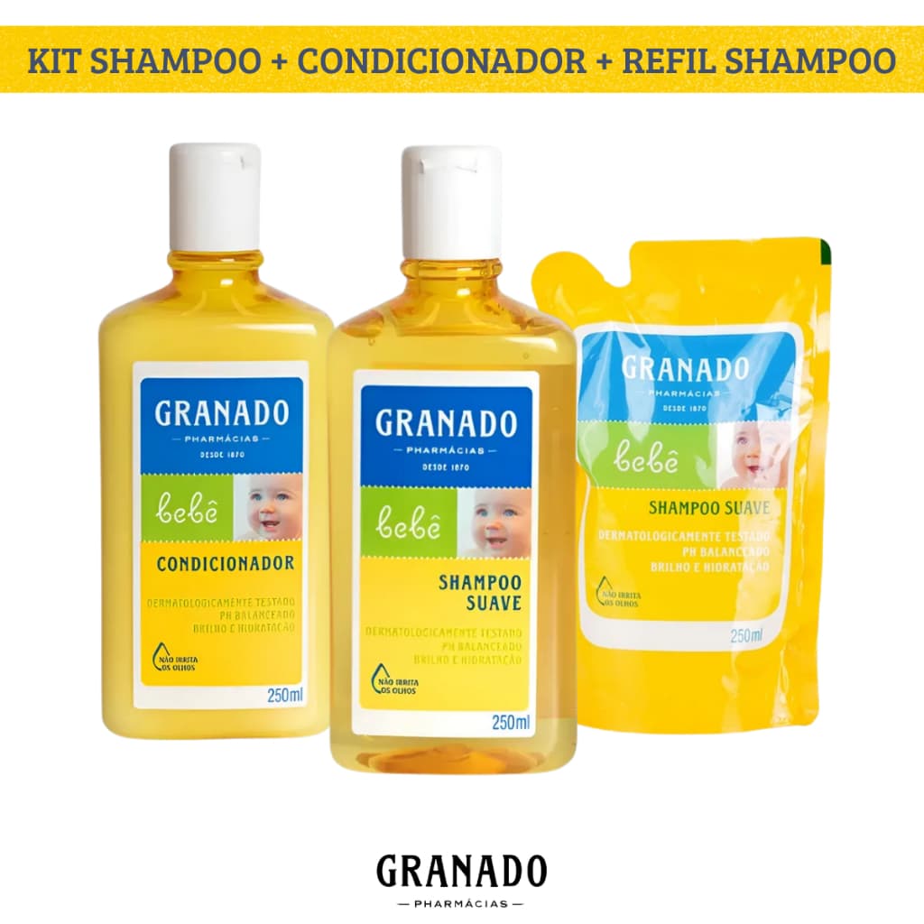 Kit Banho Granado Bebê Glicerina Tradicional Shampoo 250ml + Condicionador 250ml + Refil Shampoo 250ml