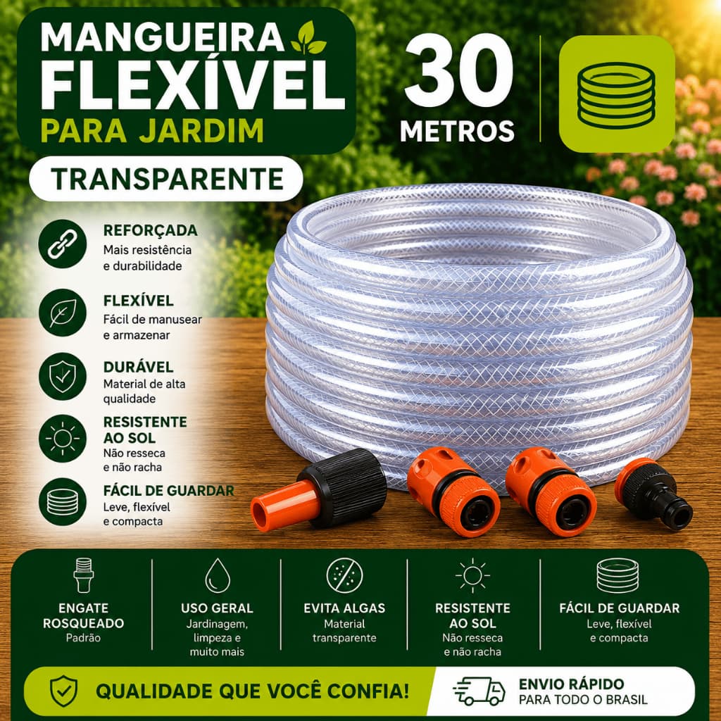 Mangueira Transparente Cristal 30 metros para jardim trançada reforçada com Engate Rápido e Esguicho Force Line