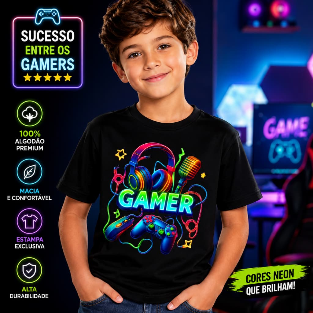 Camiseta Infantil e Juvenil Gamer 100% Algodão Premium Criança Personalizada Blusa Camisa Unisex