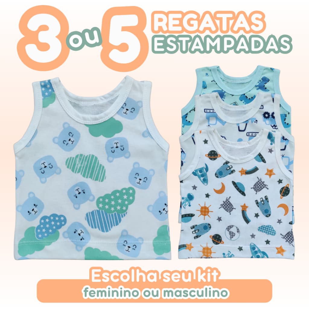 Kit 3 ou 5 Regatas Bebê Algodão Blusa Baby Malha Estampada 100% Algodão Leve Verão Calor Masculina Feminina Zuraffa Baby
