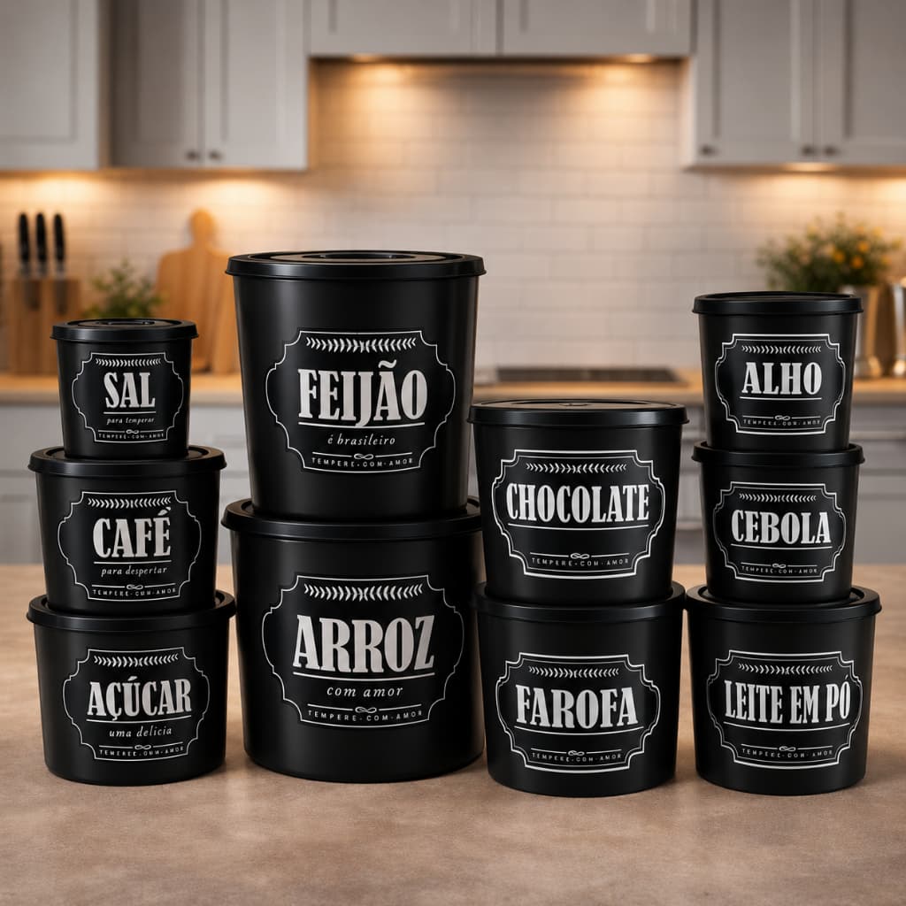 Kit 10 Potes Mantimentos Jogo Decorado Armazenamento Alimento Cozinha Casa