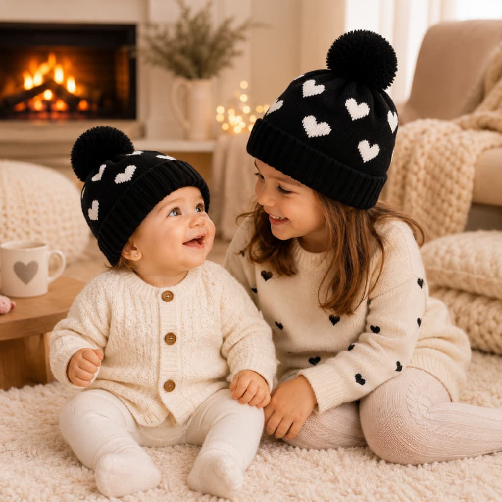 Touca Infantil de Coração Menina Gorro Bebê Forrado de Inverno Macio e Quentinho