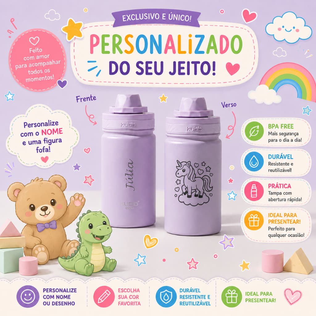 Garrafa PersonalizadaTérmica 400ml Infantil Portátil Mini Colorida Antivazamento