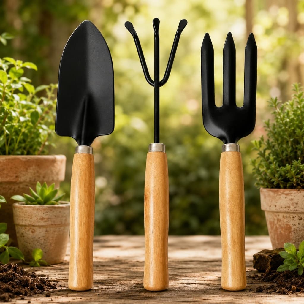 Kit Jardinagem Grande 3 Peças Garfo, Pa e Rastelo Cabo de Madeira para Horta, Jardim e Plantas