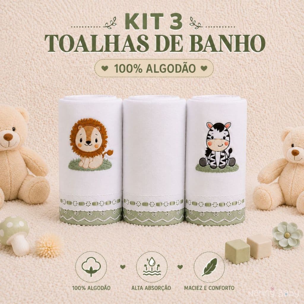 Kit 3 Toalhas Para Bebê Recém Nascido Infantil De Banho Bordadas Safari E Jardins Malha Algodão Absorvente 70x140