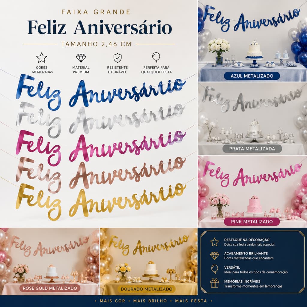 Faixa Papel Feliz Aniversário Metalizada Cores Sortidas Varal Decorativo Festa Personalizada